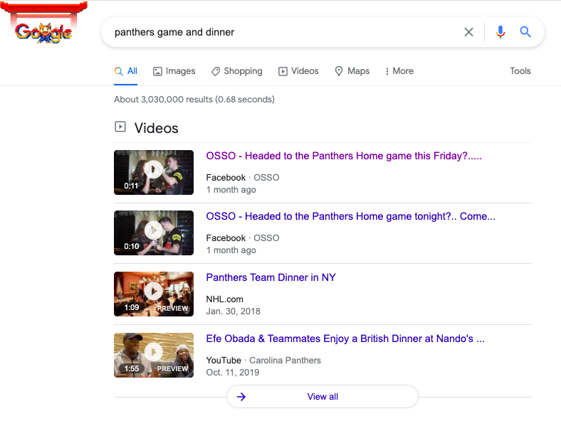 2022 年 2 月谷歌搜索 [黑豹比賽和晚餐] 的屏幕截圖