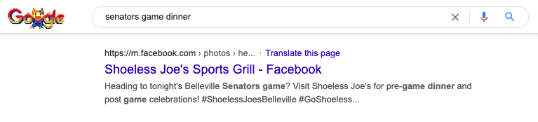 2022 年 2 月谷歌搜索 [參議員遊戲晚餐] 的屏幕截圖