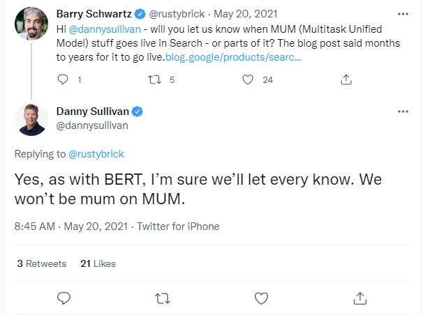 65.Google 的 MUM(Google’s MUM ):是Google搜尋排名因素嗎? 1 Twitter 截圖,2022 年 6 月