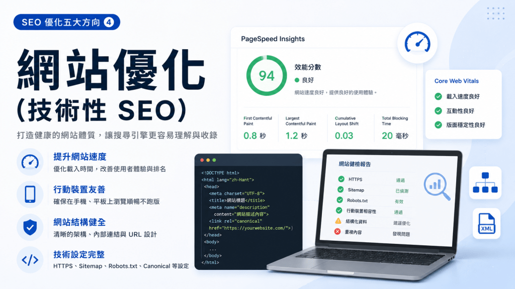 SEO 優化怎麼做?2026 中小企業完整操作指南(AI 實戰版) 4 技術性 SEO 是網站的地基