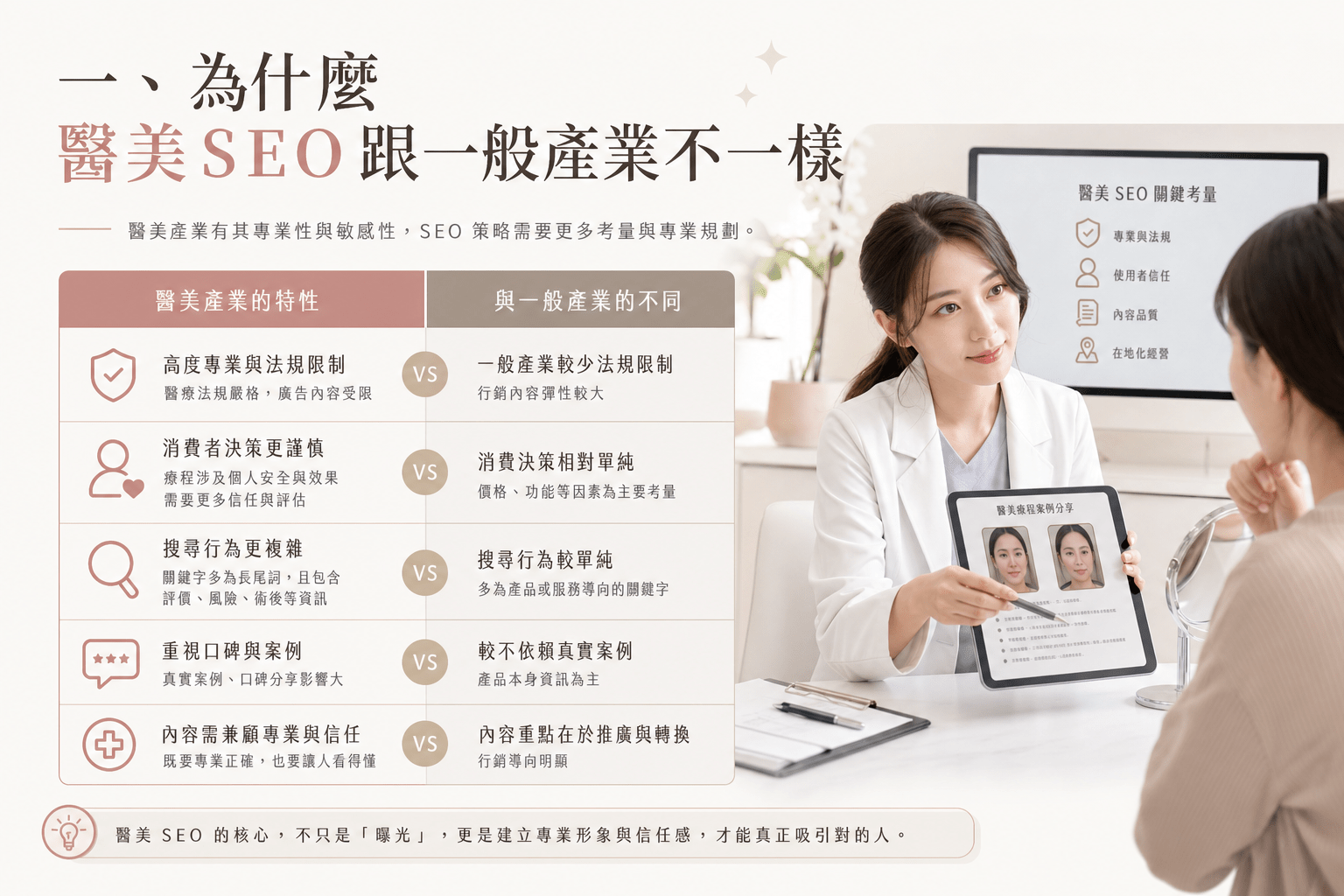 醫美診所 SEO 怎麼做?法規限制下的關鍵字與內容寫法 1 醫美的 SEO 跟一般產業差在哪