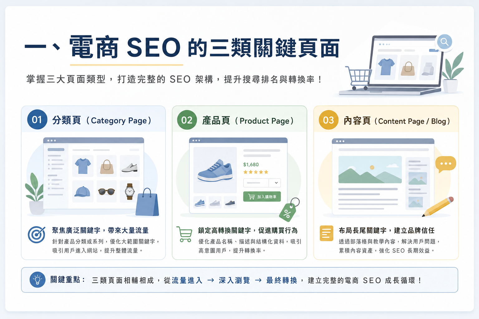 電商 SEO 怎麼做?分類頁、商品頁、內容頁各自的任務 1 電商網站的三種頁面各自負責什麼