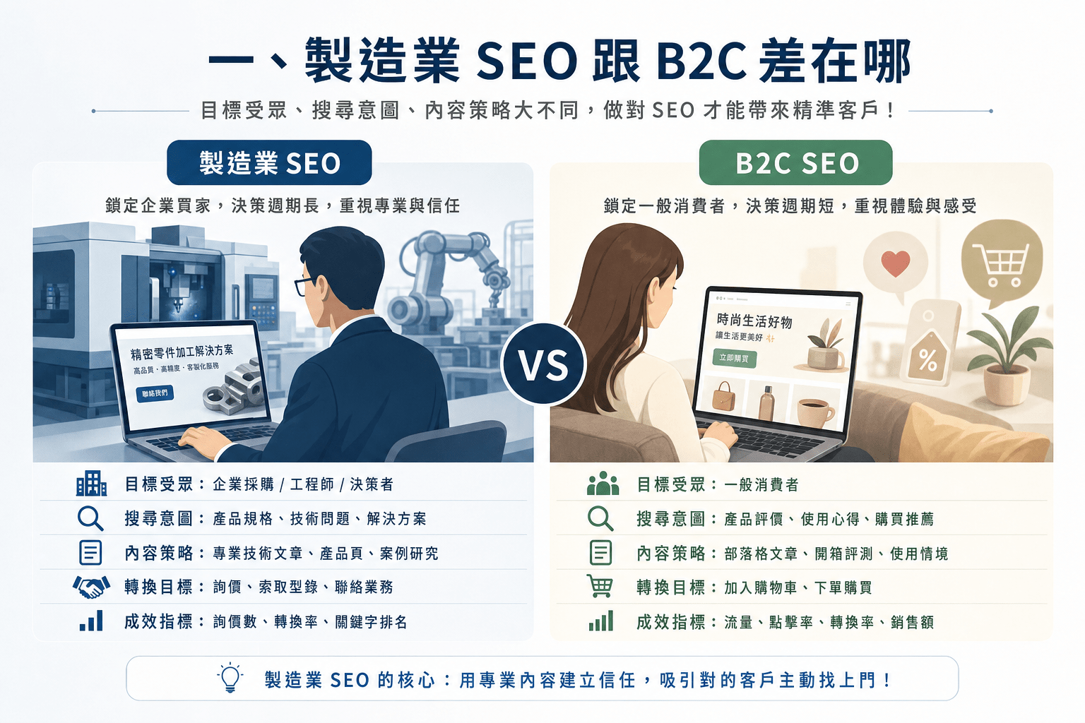製造業 SEO 怎麼做?採購在搜什麼、官網要先補哪幾頁 1 製造業 SEO 跟消費品的 SEO 差在哪